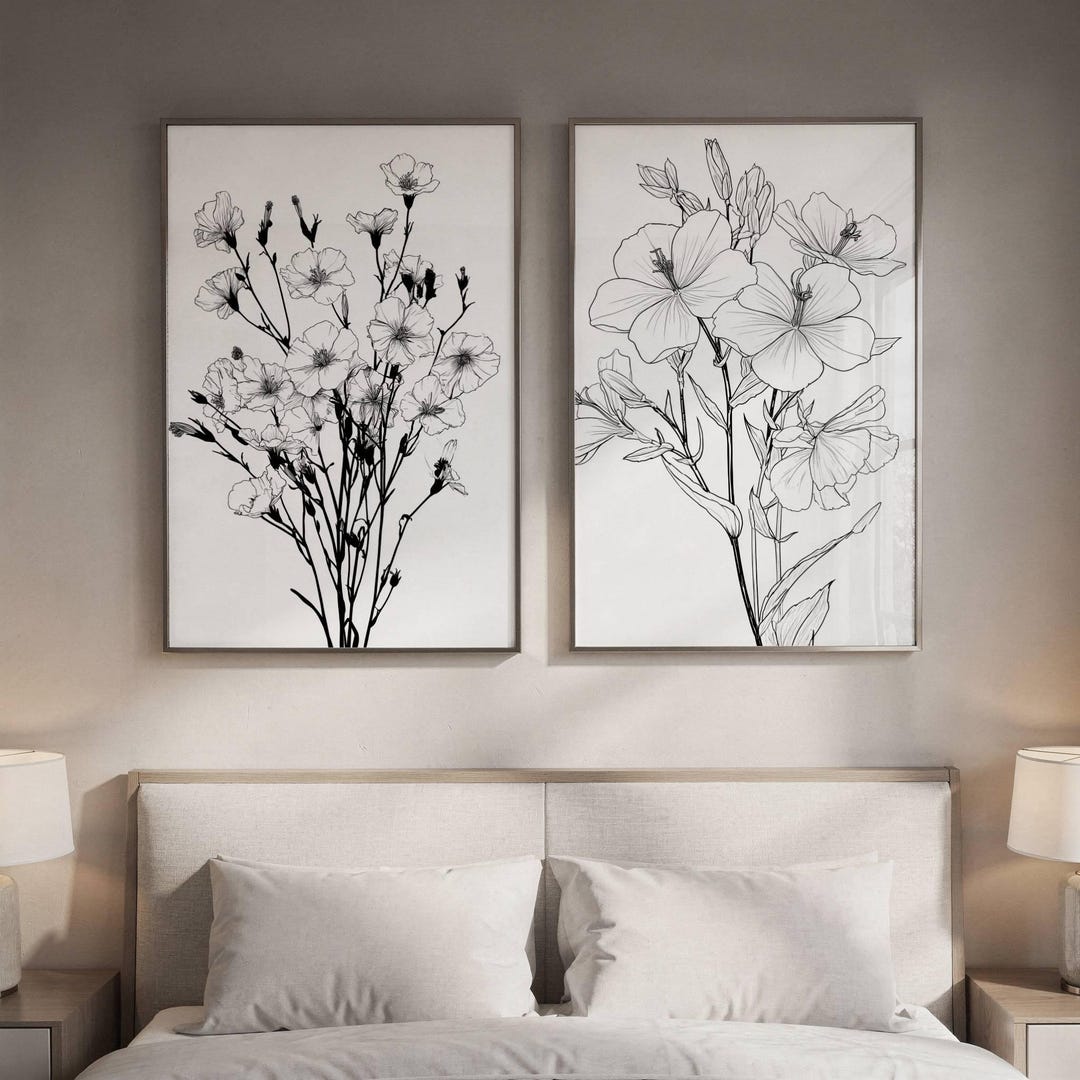 Set of 2 Botanical Prints Black White Floral Wall Art Minimalist Line ...