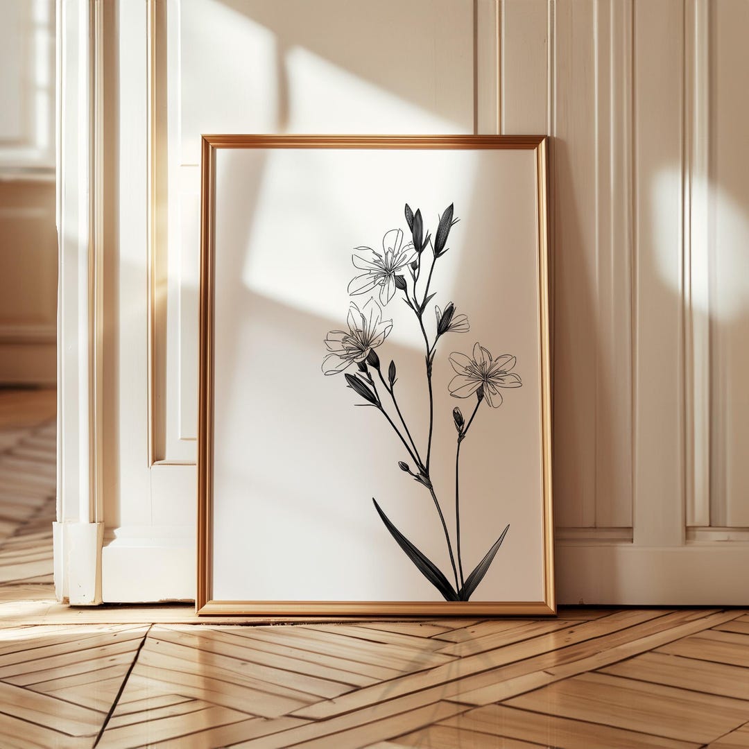 Minimalist Wildflower Line Art Print Black and White Botanical Wall Art ...