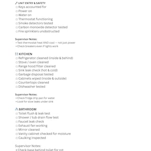 May include: Apartment Make-Ready / Turn Checklist, designed for property managers and supervisors. The checklist includes unit entry and safety checks, kitchen, and bathroom inspections. Text on the checklist includes supervisor notes and specific items to check.