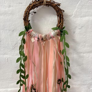 Handcrafted Witch Bells Protection Wreath | Cream Pink Ribbon, Brass Bells, Vine (4-5")
