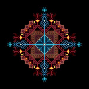 Puede incluir: Un diseño simétrico y pixelado sobre un fondo negro. El diseño presenta una forma de cruz con patrones geométricos azules, rojos, naranjas y amarillos. La cruz central es azul, con detalles intrincados y una disposición simétrica.