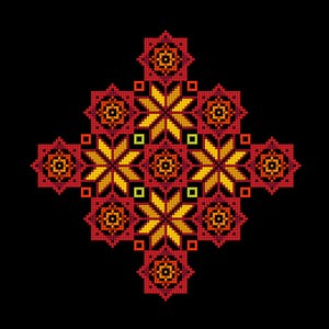 May include: A symmetrical, pixelated design on a black background. The design features a central star shape in yellow and orange, surrounded by red and orange geometric patterns. The overall effect is a vibrant, folk-art style.