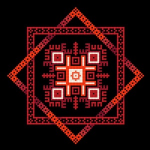 May include: A geometric design in red, orange, and white against a black background. The design features a central square with a cross-like pattern, surrounded by a larger square and a diamond-shaped frame. The pixelated style gives it a retro feel.
