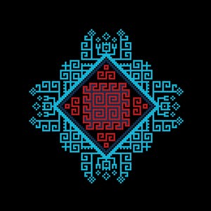 以下が含まれることがあります： 黒い背景に、青と赤の色合いの幾何学模様。中央のひし形には赤い正方形のパターンがあり、青いひし形と複雑な青い模様で囲まれています。