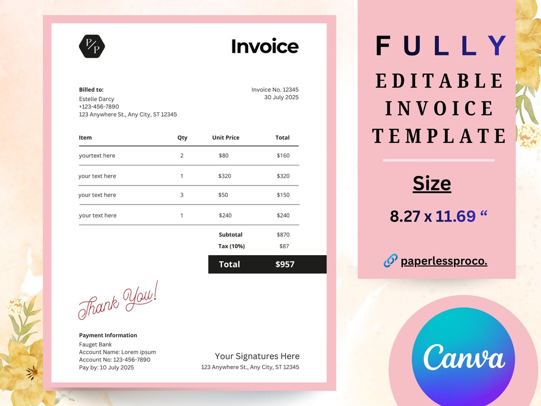 Editable Invoice Template Canva, Minimalist Small Business Billing Form ...