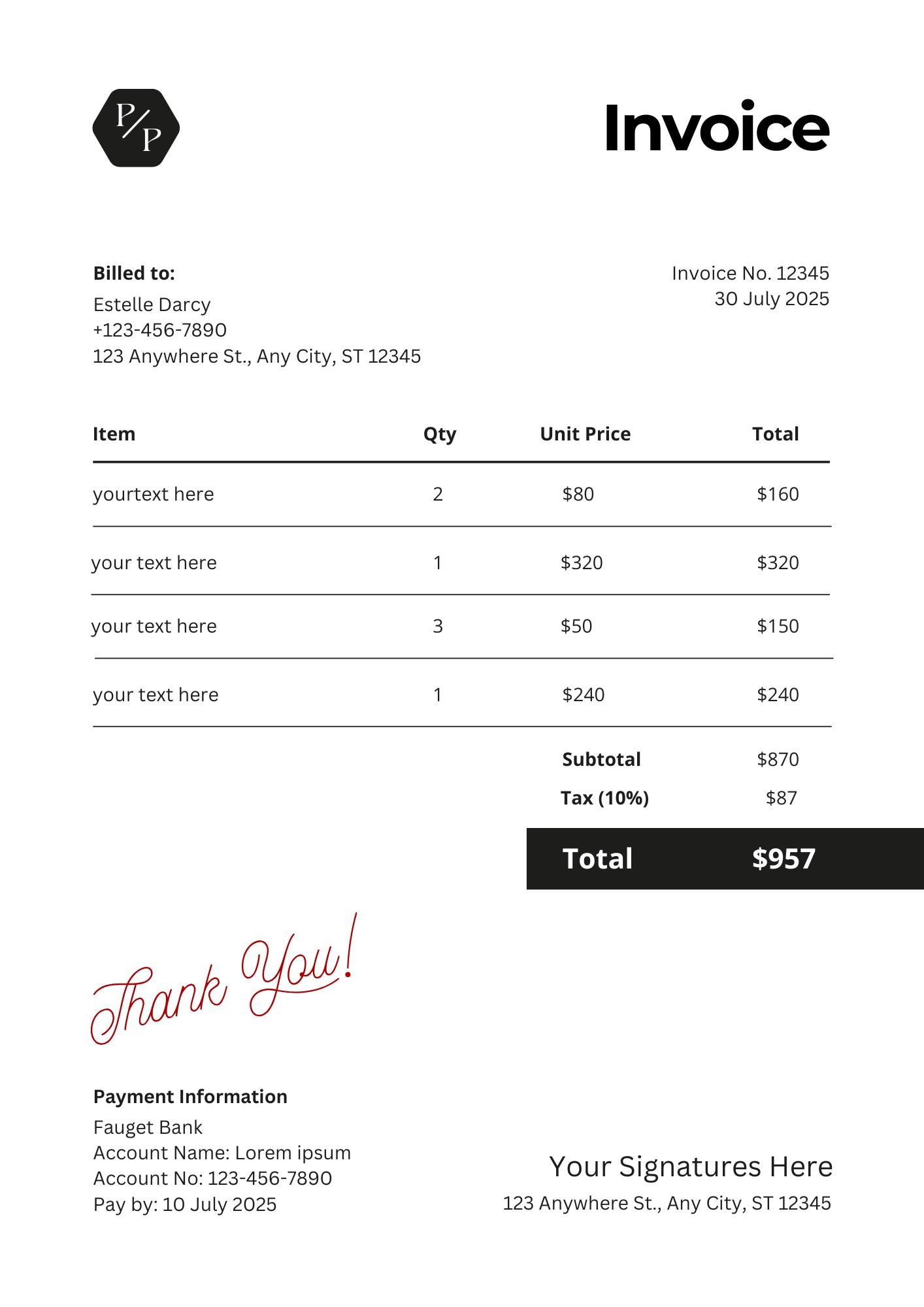 Editable Invoice Template Canva, Minimalist Small Business Billing Form ...
