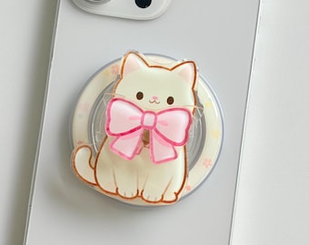 Supporto magnetico per telefono a forma di gatto: accessorio kawaii con fiocco girevole e gattino (compatibile con MagSafe)