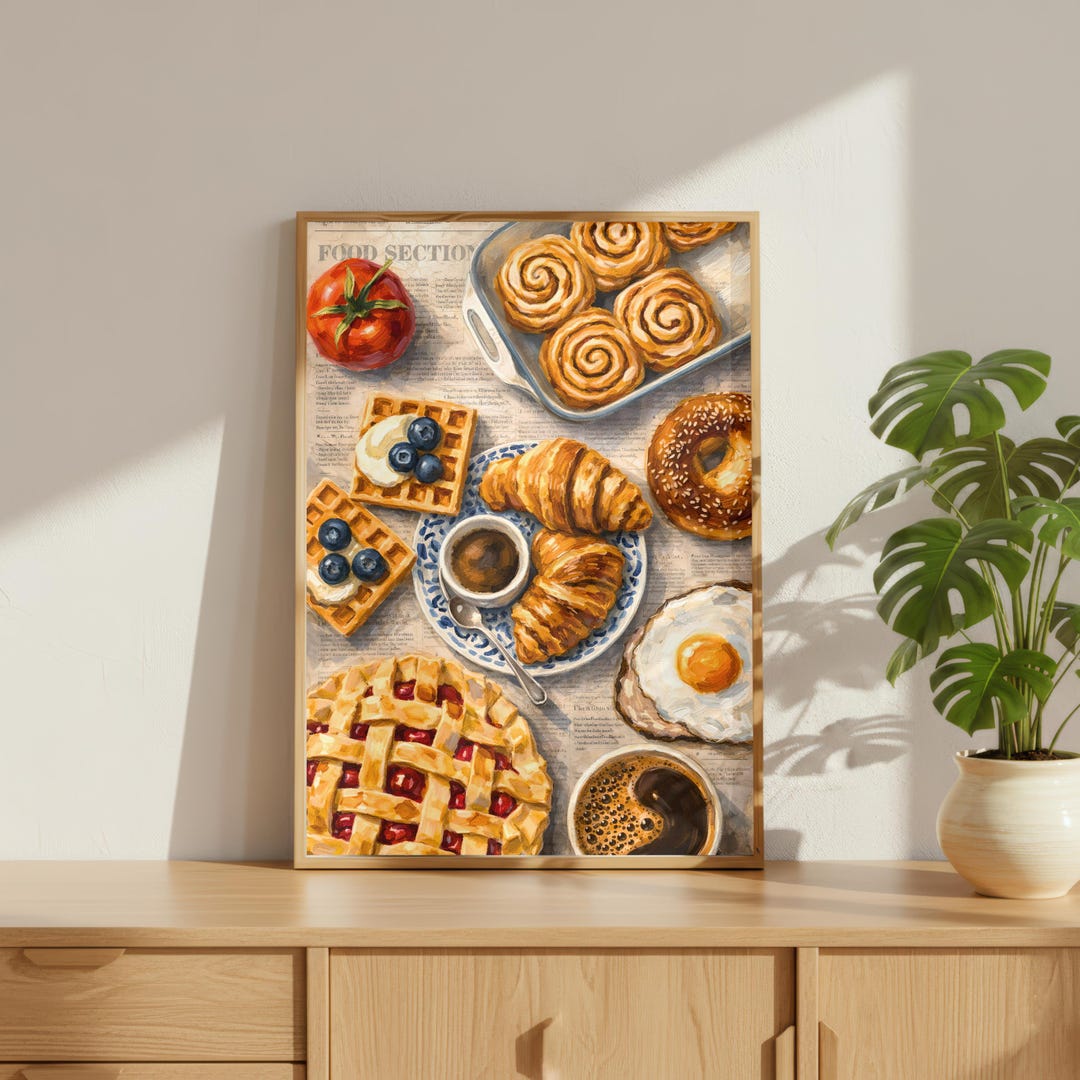 Breakfast Print Vintage Breakfast Art Print: Croissants, Waffles, Coffee, Pastries ...