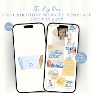 Peut inclure: Deux smartphones affichant un modèle de site web pour un premier anniversaire. Le design présente un thème bleu clair et jaune avec des illustrations de planches de surf, de vagues et d'un bébé. Le texte comprend "The Big One" et "Built in RSVP".