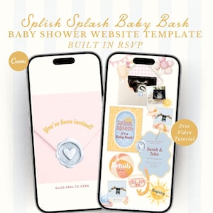 May include: Two smartphones displaying a baby shower website template. The template includes the text "Splish Splash Baby Bash" and "You've been invited!" on a pink envelope with a heart seal. Other elements include baby-themed graphics.