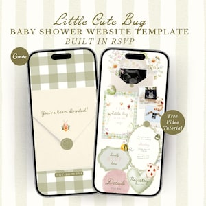 Un lindo bichito está en camino Plantilla de invitación para sitio web de baby shower Tema de bichito del amor editable Invitación RSVP para baby shower Tema de insectos de Canva