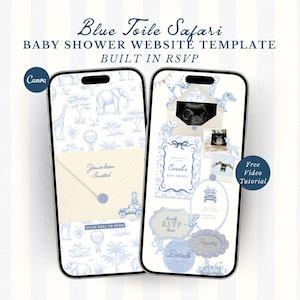 Puede incluir: Dos smartphones que muestran una plantilla de sitio web para baby shower con un diseño de safari toile azul. El diseño incluye ilustraciones de elefantes, jirafas y globos aerostáticos. Un teléfono muestra una invitación, el otro detalles de la baby shower. El texto incluye "Blue Toile Safari".