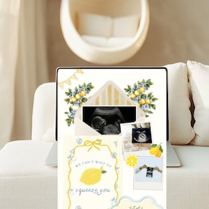 May include: A laptop screen shows a pregnancy announcement with ultrasound scans, lemon illustrations, and the text "We can't wait to squeeze you." The design has a lemon theme with blue and yellow accents, set against a soft, neutral background.