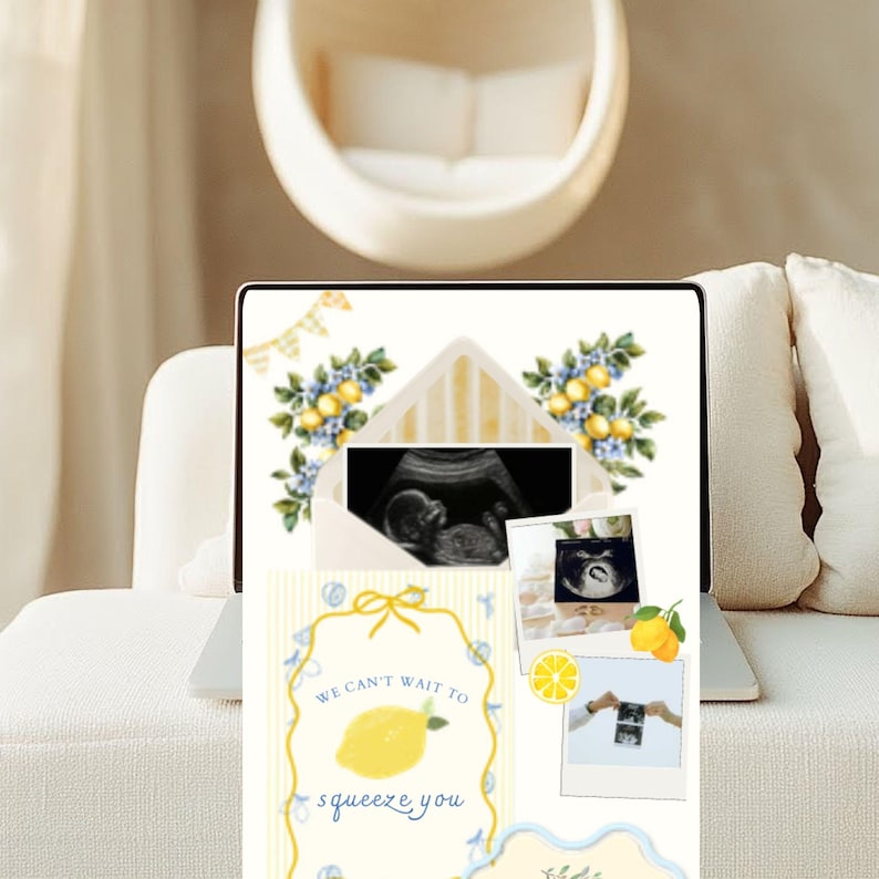May include: A laptop screen shows a pregnancy announcement with ultrasound scans, lemon illustrations, and the text "We can't wait to squeeze you." The design has a lemon theme with blue and yellow accents, set against a soft, neutral background.