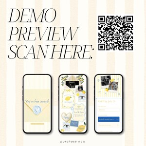 May include: Digital invitation design with a lemon theme, displayed on three smartphones. The text "DEMO PREVIEW SCAN HERE:" is at the top. The invitations feature text and graphics, including "You've been invited!" and "RSVP by July 20."