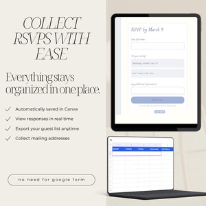 Pode incluir: Design de convite digital com o texto "Colete RSVPs com facilidade". A imagem mostra um tablet exibindo um formul&aacute;rio RSVP e um laptop com uma planilha. O texto destaca recursos como visualiza&ccedil;&atilde;o de respostas em tempo real.