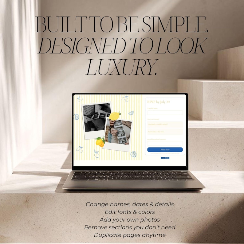 May include: A laptop screen showcases a website interface with a lemon design. The screen displays two polaroid-style photos and an RSVP form. Text on the screen reads "RSVP by July 20." Additional text at the bottom of the image describes customization options.