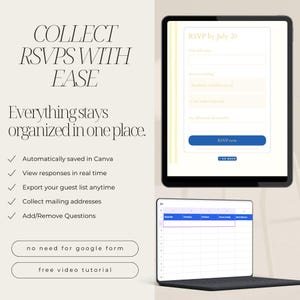May include: A digital RSVP system shown on a tablet and laptop. The tablet displays a form with fields for name and attendance, with a blue "RSVP now" button. The laptop displays a spreadsheet. Text reads "Collect RSVPs with Ease."