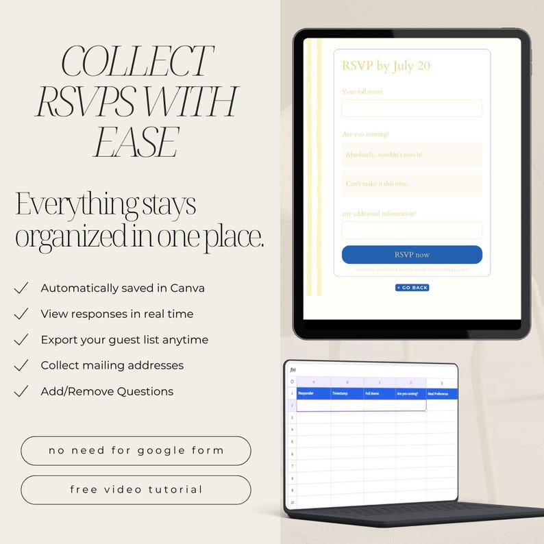 May include: A digital RSVP system shown on a tablet and laptop. The tablet displays a form with fields for name and attendance, with a blue "RSVP now" button. The laptop displays a spreadsheet. Text reads "Collect RSVPs with Ease."