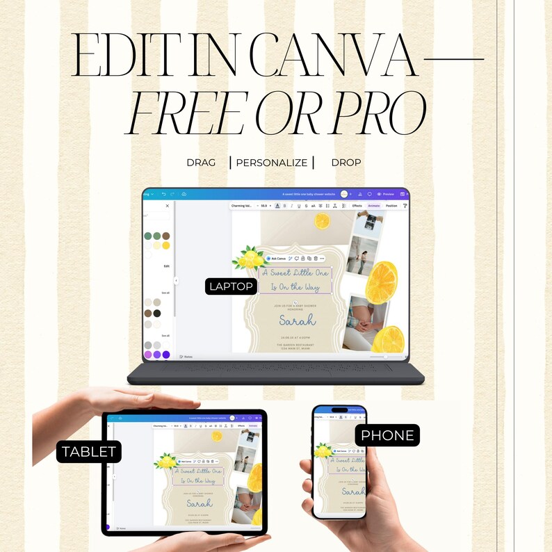Pode incluir: Imagem mostrando um modelo de convite personaliz&aacute;vel em um laptop, tablet e telefone. O texto "EDIT IN CANVA - FREE OR PRO" est&aacute; no topo, com "DRAG | PERSONALIZE | DROP" abaixo. O design do convite apresenta lim&otilde;es e o texto "A Sweet Little One Is On The Way".