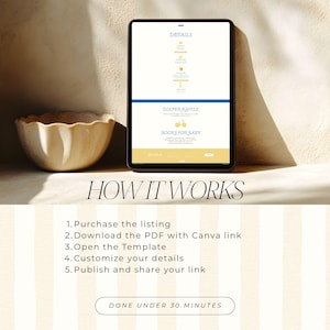 May include: A digital tablet shows a webpage with the text "DETAILS", "DIAPER RAFFLE", and "BOOKS FOR BABY". Below, the text "HOW IT WORKS" is followed by numbered steps. A ceramic bowl is on the left. The text "DONE UNDER 30 MINUTES" is at the bottom.