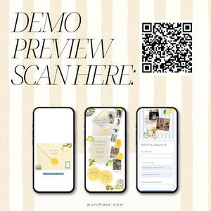 Pode incluir: Pr&eacute;-visualiza&ccedil;&atilde;o de convite digital com o texto "DEMO PREVIEW SCAN HERE:" e um c&oacute;digo QR. Tr&ecirc;s smartphones exibem designs de convites com detalhes de lim&atilde;o e florais. A parte inferior da imagem diz "purchase now".