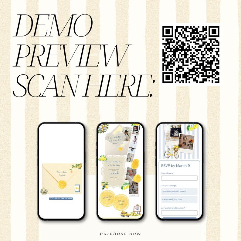 Pode incluir: Pr&eacute;-visualiza&ccedil;&atilde;o de convite digital com o texto "DEMO PREVIEW SCAN HERE:" e um c&oacute;digo QR. Tr&ecirc;s smartphones exibem designs de convites com detalhes de lim&atilde;o e florais. A parte inferior da imagem diz "purchase now".