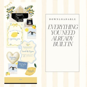 May include: A baby shower invitation suite with a lemon theme. Includes an ultrasound image, invitation, RSVP card, and registry card. The text reads "We can't wait to squeeze you" and "Everything you need already built in."