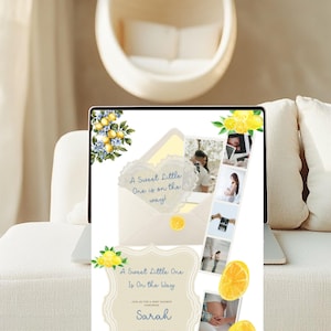 Pode incluir: Um ecr&atilde; de computador port&aacute;til mostra um convite para um ch&aacute; de beb&eacute; com o texto "A Sweet Little One Is On the Way". O design apresenta detalhes de lim&atilde;o e florais, um elemento em forma de cora&ccedil;&atilde;o e uma colagem de fotos. O convite &eacute; amarelo claro e creme.