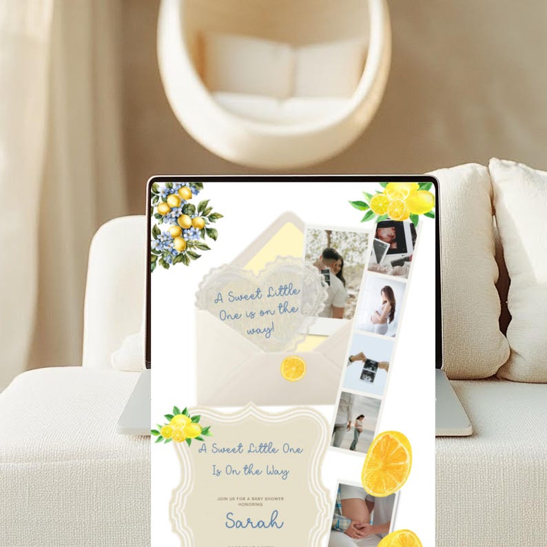 Pode incluir: Um ecr&atilde; de computador port&aacute;til mostra um convite para um ch&aacute; de beb&eacute; com o texto "A Sweet Little One Is On the Way". O design apresenta detalhes de lim&atilde;o e florais, um elemento em forma de cora&ccedil;&atilde;o e uma colagem de fotos. O convite &eacute; amarelo claro e creme.