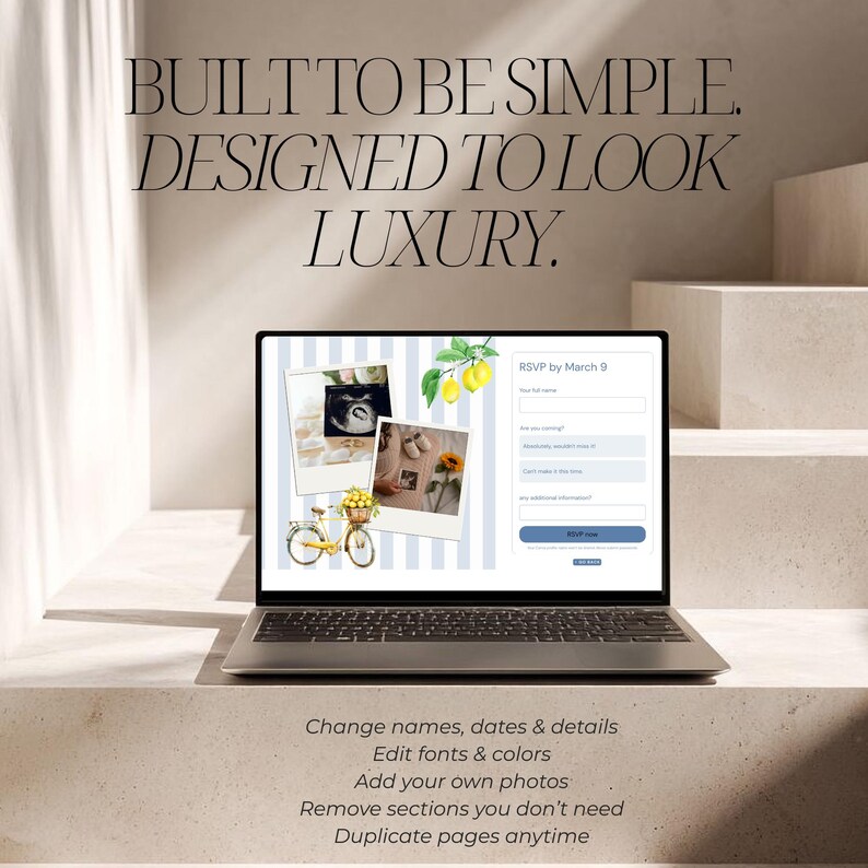 Pode incluir: Um laptop exibe um formul&aacute;rio RSVP online com um fundo listrado azul e branco. A tela mostra fotos de beb&ecirc;s e uma bicicleta amarela com lim&otilde;es. O texto na parte superior diz "BUILT TO BE SIMPLE. DESIGNED TO LOOK LUXURY."