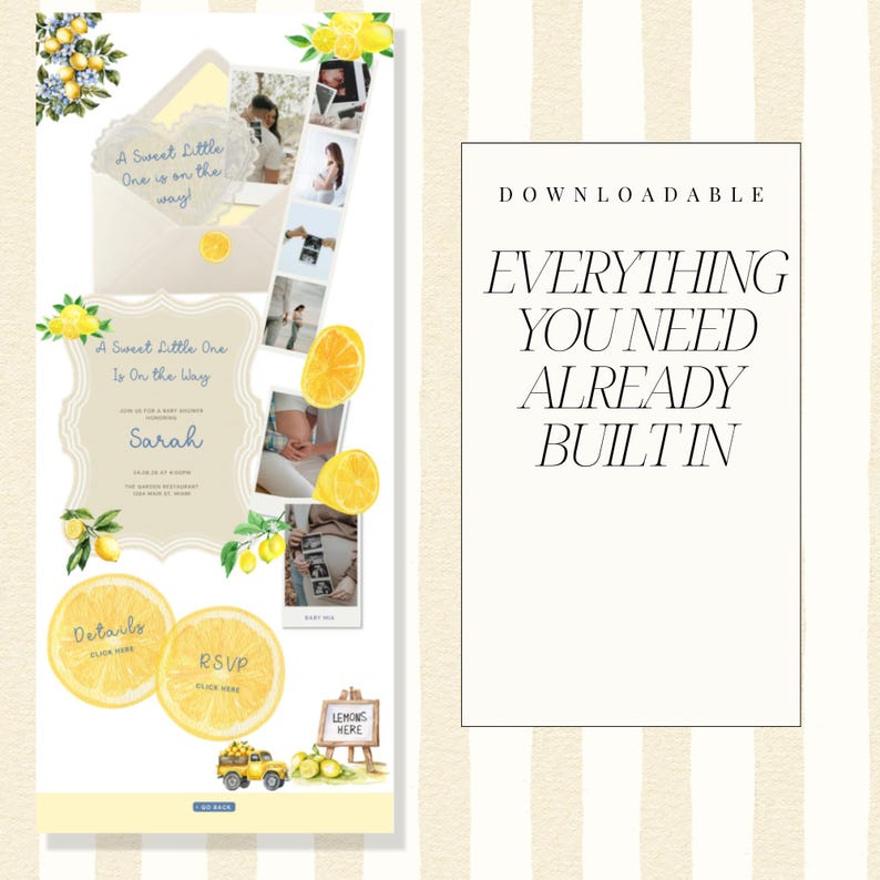 Pode incluir: Um design de convite de ch&aacute; de beb&eacute; para download com tema de lim&atilde;o. O design inclui o texto "A Sweet Little One Is on the way!" e "Everything You Need Already Built In." O design apresenta lim&otilde;es e fotos.