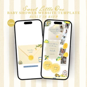 Pode incluir: Dois smartphones exibindo um modelo de site para ch&aacute; de beb&ecirc;. O design apresenta um tema de lim&atilde;o com o texto "Sweet Little One" e "Baby Shower Website Template Built in RSVP". Um telefone mostra um convite, o outro um layout do site.