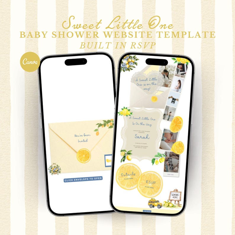 Pode incluir: Dois smartphones exibindo um modelo de site para ch&aacute; de beb&ecirc;. O design apresenta um tema de lim&atilde;o com o texto "Sweet Little One" e "Baby Shower Website Template Built in RSVP". Um telefone mostra um convite, o outro um layout do site.