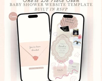 Shell Be Here Soon Baby Shower Website Invitation Template Editable Seashell Beach Girl Shower Invite Canva RSVP Website Digital Invite