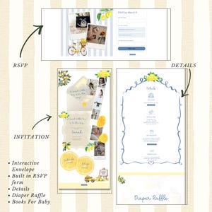 Pode incluir: Um conjunto de convites para ch&aacute; de beb&ecirc; com tema de lim&atilde;o. O design inclui um envelope interativo, formul&aacute;rio RSVP, se&ccedil;&atilde;o de detalhes e informa&ccedil;&otilde;es sobre o sorteio de fraldas. O convite apresenta fotos e o texto "A Sweet Little One is on the Way!"