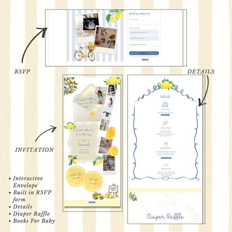 Pode incluir: Um conjunto de convites para ch&aacute; de beb&ecirc; com tema de lim&atilde;o. O design inclui um envelope interativo, formul&aacute;rio RSVP, se&ccedil;&atilde;o de detalhes e informa&ccedil;&otilde;es sobre o sorteio de fraldas. O convite apresenta fotos e o texto "A Sweet Little One is on the Way!"