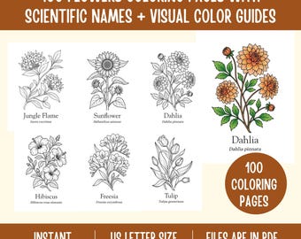 100 Flowers Coloring Pages | Botanical Line Art with Scientific Names (Digital Download)