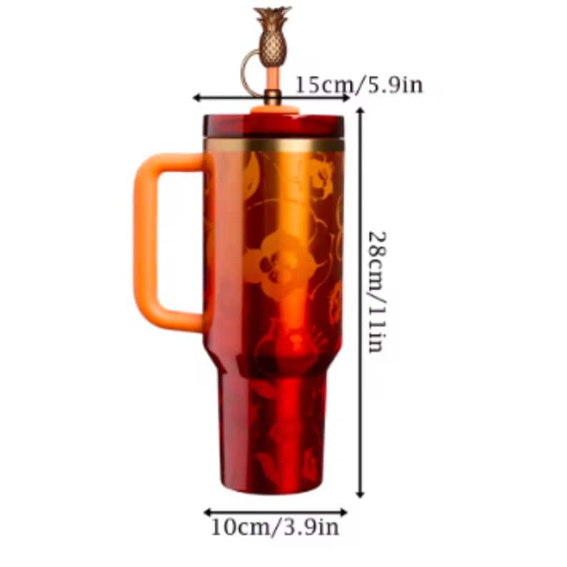 May include: A red and gold insulated travel mug with a handle and a pineapple-shaped straw topper. The mug is 28cm tall and 10cm wide, with a 15cm width. It features a floral design and an orange handle.