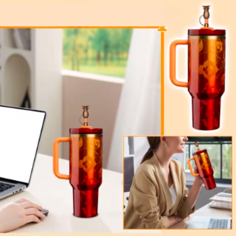May include: A red and gold insulated travel mug with a handle and a decorative top. The mug has a floral design and an orange handle. The image shows the mug in different settings, including a person holding it.