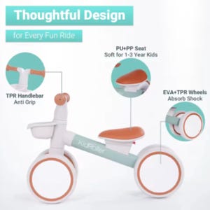 May include: A white and mint green KidRoller balance bike with orange accents. Features include a TPR handlebar, PU+PP seat, and EVA+TPR wheels. Text on the image reads "Thoughtful Design" and "for Every Fun Ride."