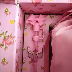 May include: A pink bottle stopper with a bow-shaped handle inside a floral-patterned box. The stopper has a long, clear tube and a small handle. The box and stopper are shades of pink, with a floral design.