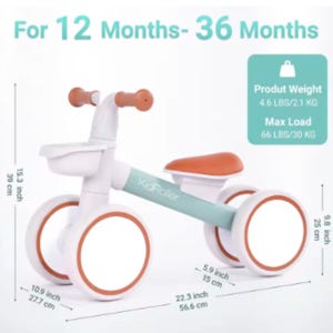 May include: A white and orange KidRoller balance bike for children aged 12-36 months. The bike has a light blue frame, orange handlebars, and a seat. Dimensions are 22.3 inches long, 10.9 inches wide, and 15.3 inches high. Max load is 66 lbs.