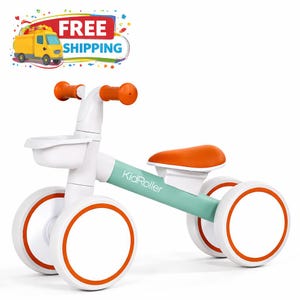 May include: A white and orange KidRoller balance bike for toddlers. The bike has a white frame with orange accents on the wheels, handlebars, and seat. The bike also has a small white basket in the front. The text "KidRoller" is printed on the frame.
