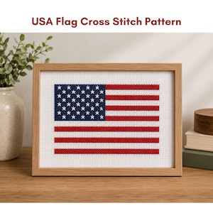 May include: A framed cross-stitch pattern of the American flag. The flag features red and white stripes and a blue field with white stars. The frame is made of light-colored wood, and the text "USA Flag Cross Stitch Pattern" is at the top.