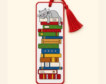Sleeping Cat on Stack of Books Cross Stitch Bookmark Pattern PDF | Cute Cat Bookmark Pattern | Cat Cross Stitch | DIY Counted Cross Stitch
