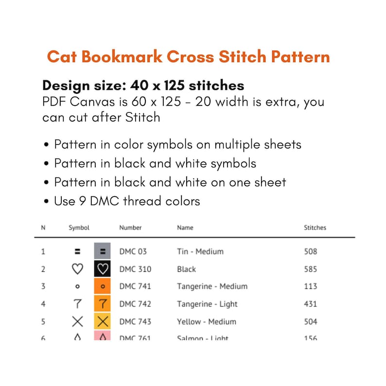 Adorable cat stack cross stitch bookmark pattern featuring five kawaii cats peeking one above another in black, orange, gray, orange-and-white, and white colors. This cute animal bookmark design is stitched with 9 DMC colors and measures 40 × 125 stitches. Perfect for cat lovers, bookworms, and beginner to intermediate cross stitch enthusiasts. Ideal as a handmade reading accessory, thoughtful gift, or DIY embroidery project with instant PDF download for creating a charming bookmark.