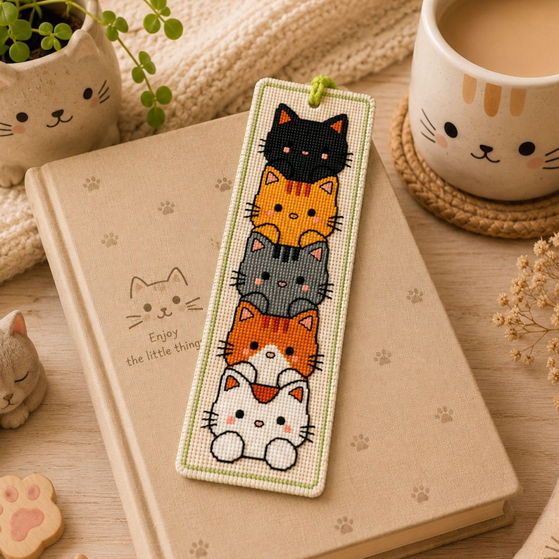 Adorable cat stack cross stitch bookmark pattern featuring five kawaii cats peeking one above another in black, orange, gray, orange-and-white, and white colors. This cute animal bookmark design is stitched with 9 DMC colors and measures 40 × 125 stitches. Perfect for cat lovers, bookworms, and beginner to intermediate cross stitch enthusiasts. Ideal as a handmade reading accessory, thoughtful gift, or DIY embroidery project with instant PDF download for creating a charming bookmark.