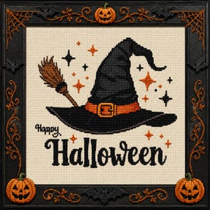 May include: A cross-stitch embroidery featuring a black witch hat with an orange band and a broomstick, surrounded by orange and black stars. The text Happy Halloween is stitched in black. The piece is set in a black frame with pumpkins and bats.