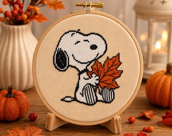 Fall Snoopy Cross Stitch Pattern PDF | Autumn Peanuts Embroidery Chart | Cute Dog with Maple Leaf | Easy Beginner Friendly | Snoopy in Fall